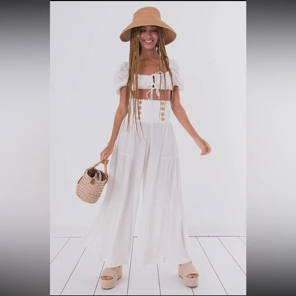 08 Boho Wide Leg Pants With Buttons - Picture 3 of 4